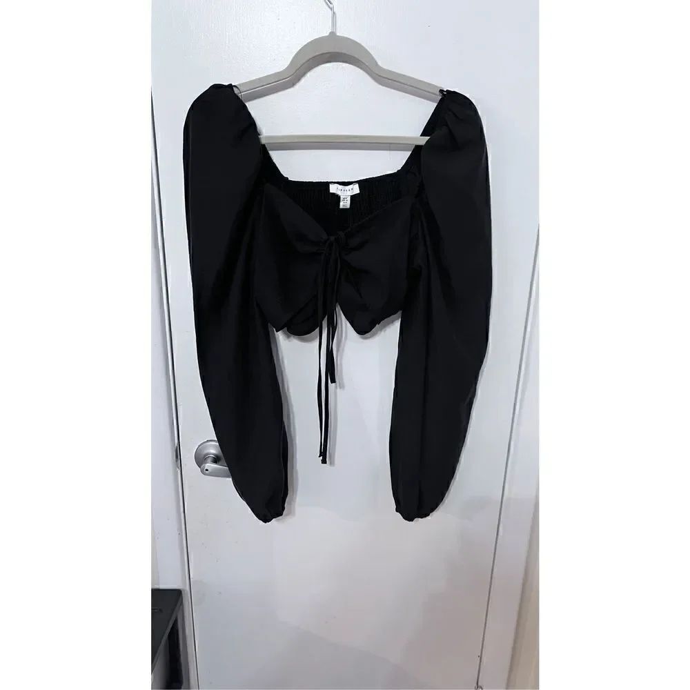 Topshop Women's Tie Front Gathered Back Long Sleeve Crop Top Black Size 8 NWT